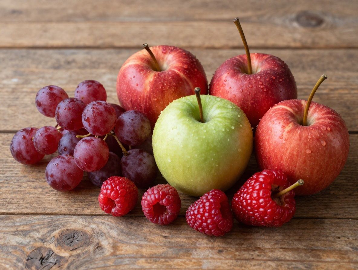 Selección de frutas silvestres y bayas frescas de colores vivos sobre superficie de madera rústica, composición natural con tonos rojos y morados intensos