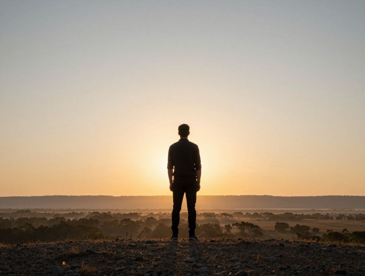 Persona contemplando un paisaje natural sereno al amanecer, luz cálida y suave iluminando una escena tranquila con árboles y cielo despejado