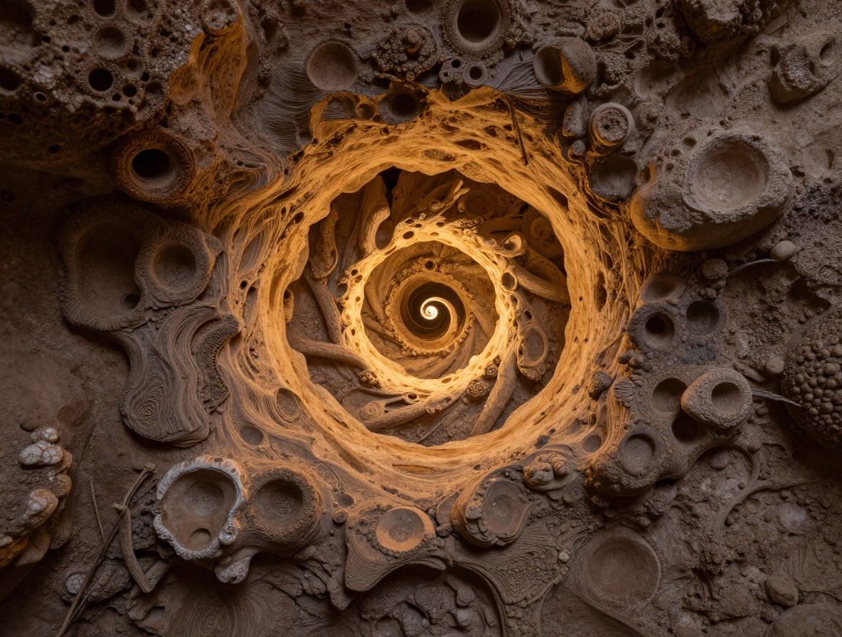 Primer plano artístico de texturas naturales en espiral, formas orgánicas que evocan estructuras naturales complejas con luz cálida y tonos terrosos profundos